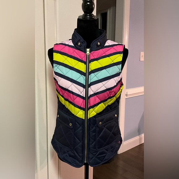 NWT Womens Navy Stripe Quilted Vest Puffer Pink Green Vest - Picture 1 of 11